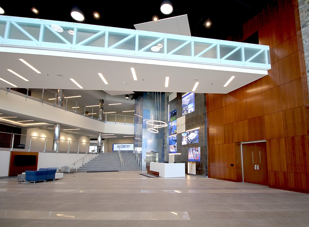 An alternate view of Archetype Glass' custom laminated glass wall cladding at the CCM Training and Education Center