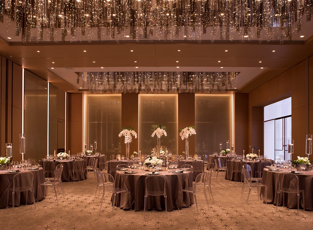 The beautiful custom glass wall cladding in the Conrad Washington Hotel Ballroom, created by Archetype Glass