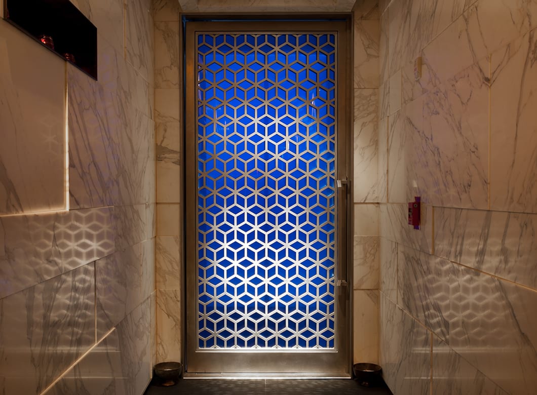 An example of a custom glass door, created by Archetype Glass for Hakkasan Restaurant