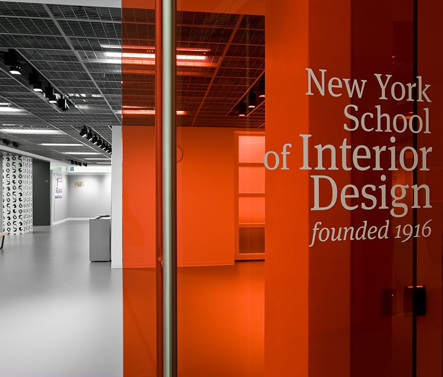 A close-up view of the custom glass partition walls at the New York School of Interior Design as created by Archetype Glass